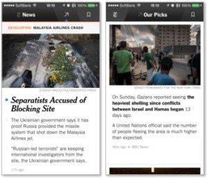 NYT Now。左はトップ画面。右は「Our Picks」画面