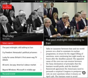 The Economistの日刊アプリ“Espresso”。INDEXと記事面（右）